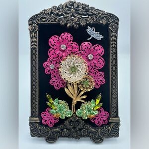 Neon Garden Vintage Jewelry Art Uranium Glass Floral Assemblage in Ornate Frame